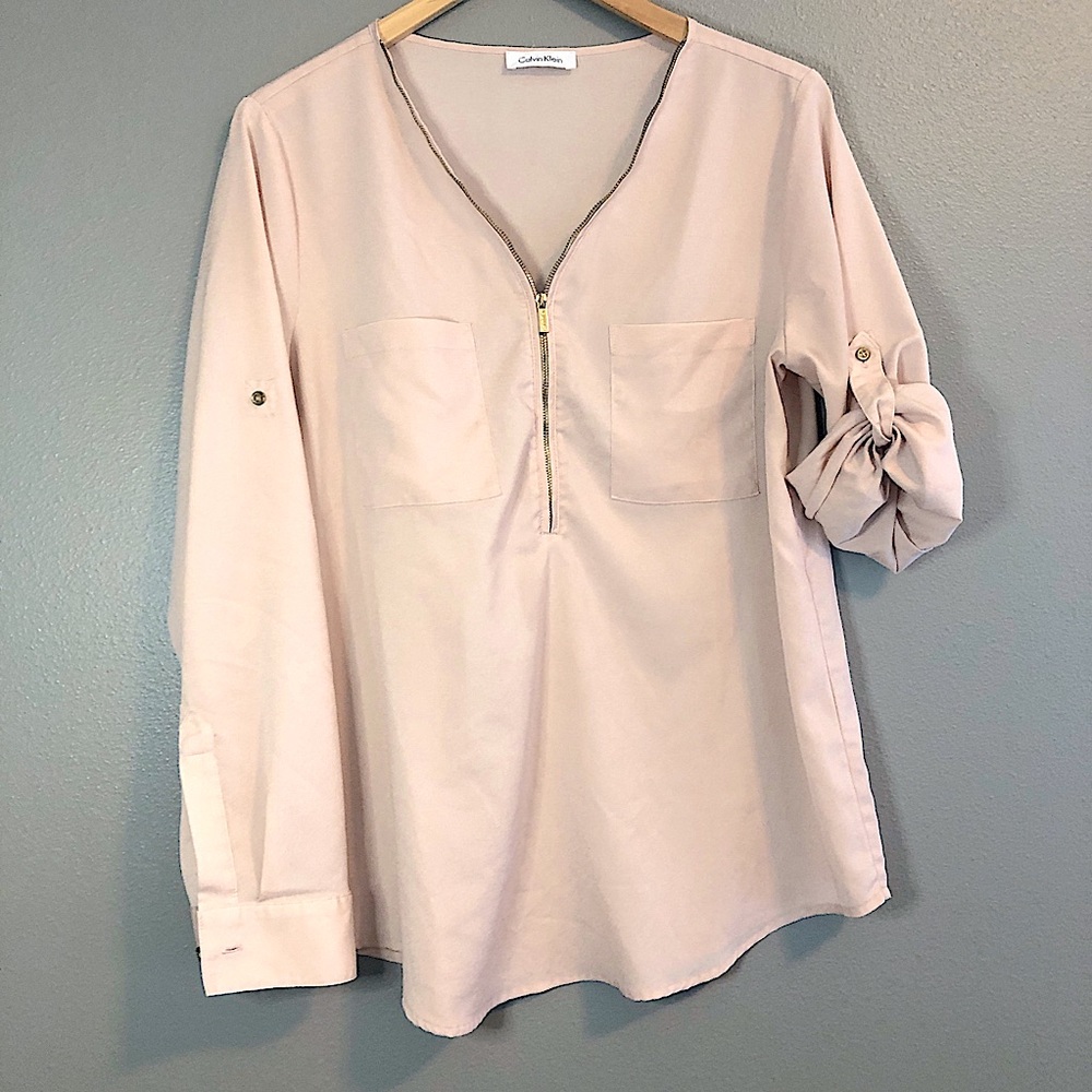 Calvin Klein zip up v-neck blouse